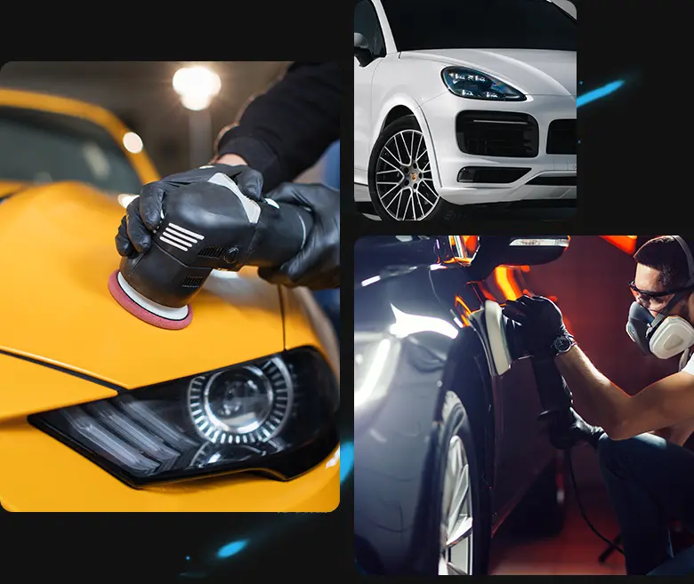 Skilled technicians repairing dents and scratches on a car's exterior.